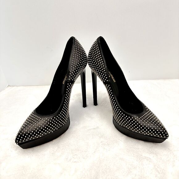 Saint Laurent YSL Studded Janis Black Leather Pumps Heels SZ 37.5 Italy - Picture 1 of 13